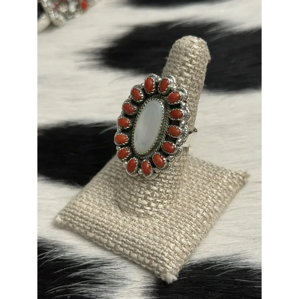 Native American Sterling Silver Mother Pearl Red Coral Multistone Cluster Ring